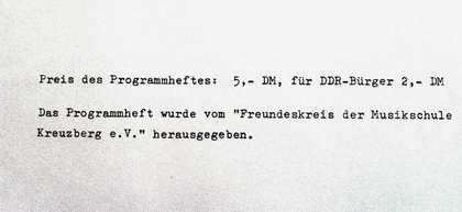 Ausschnitt aus dem Programmheft der Klangwerkstatt 1990: DDR-Bürger zahlen einen reduzierten Eintritt